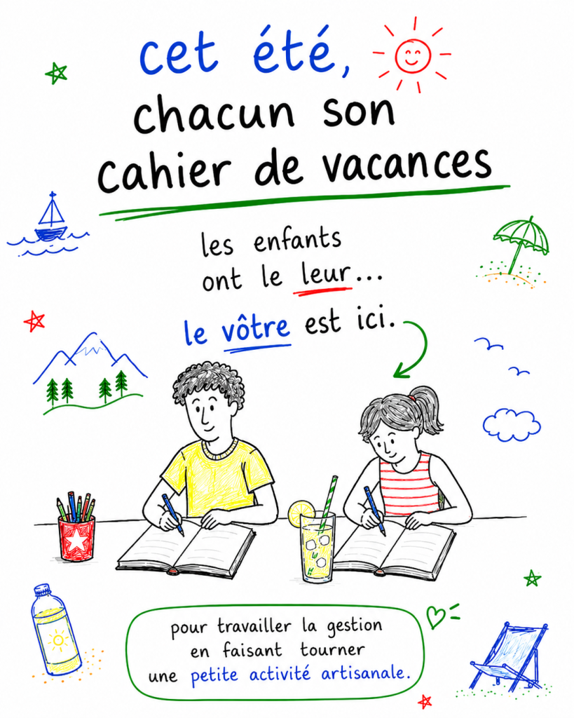 Personne faisant son cahier de vacances de gestion d'entreprise à côté de son enfant qui fait son propre cahier de vacances.